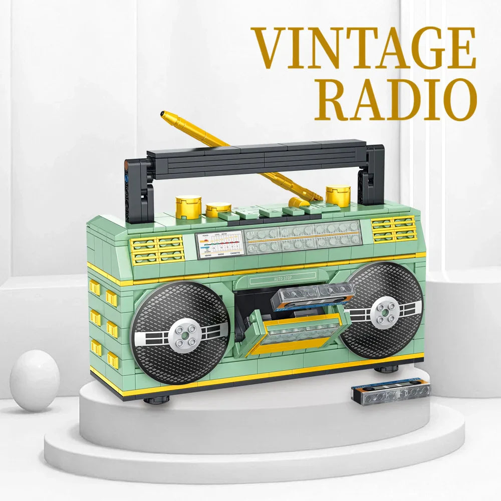 A mint green and yellow vintage music player built from 781pcs retro radio interlocking plastic bricks display kit