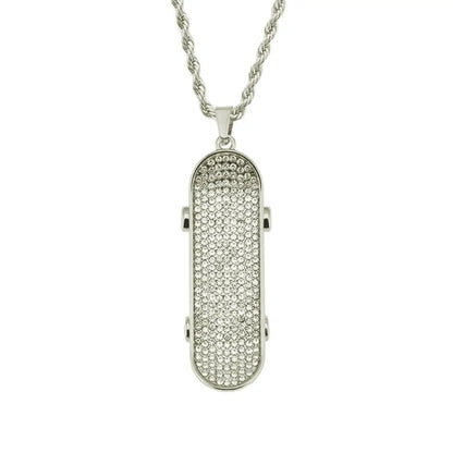 Hip Hop Full Rhinestones Paved Bling Iced Out Skateboard Pendants Necklace for Men Rapper Jewelry Gold Silver Color