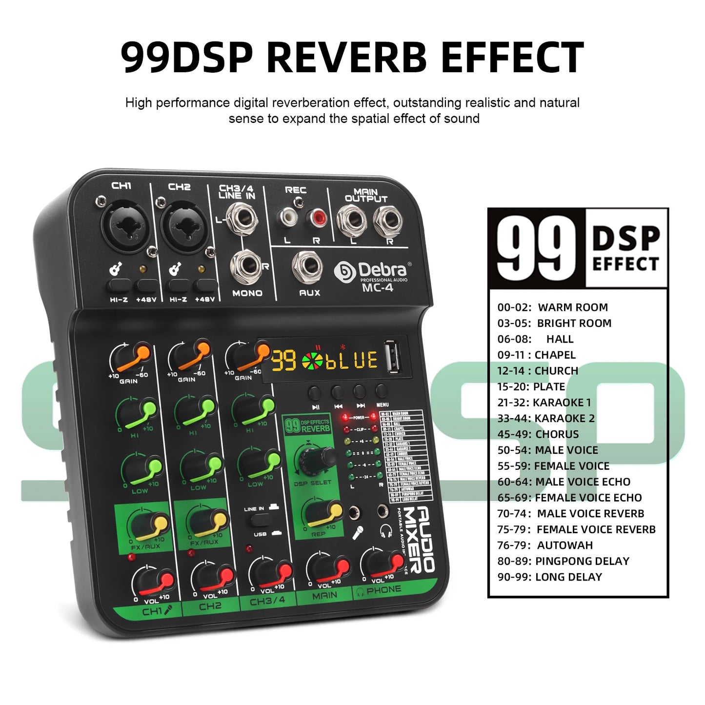 Debra MC4 Mixing Console, 99 DSP reverb effects, Bluetooth 5.0, 48V phantom power, ideal for DJ mixing and weddings