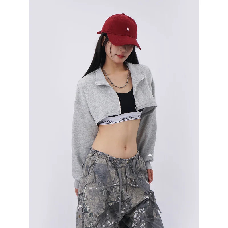 High Waist Loose Fit Ultra-Short Jazz Street Dance Sweatshirt Women's Style Navel Hip Hop Sexy Zipper Cover up Jacket