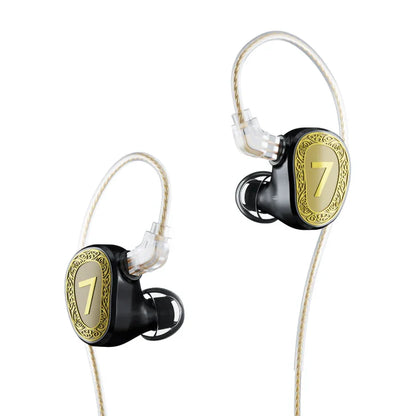 Black 7hz elua ultra dual in-ear monitors with gold plated ornate accents and premium detachable cable