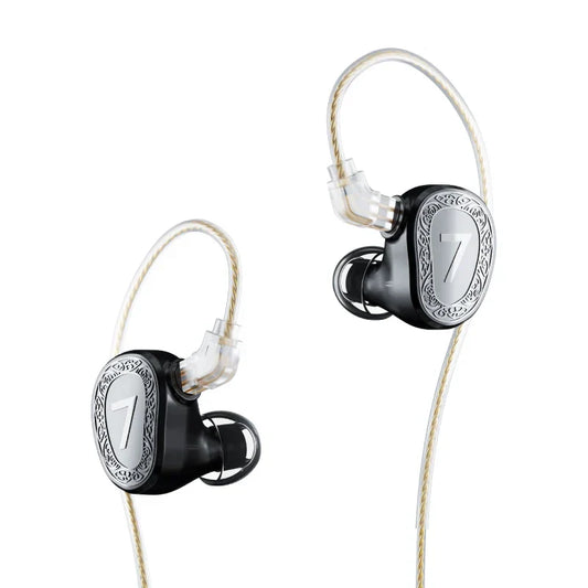 Black and silver 7hz elua ultra dual dynamic driver earphones with intricate engraving and premium detachable cable