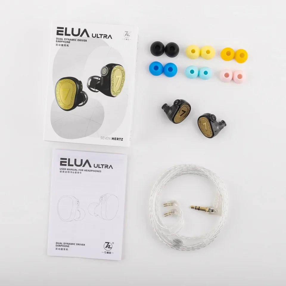 Black and gold 7hz elua ultra dual dynamic driver in-ear headphones with sleek metallic finish and premium detachable cable