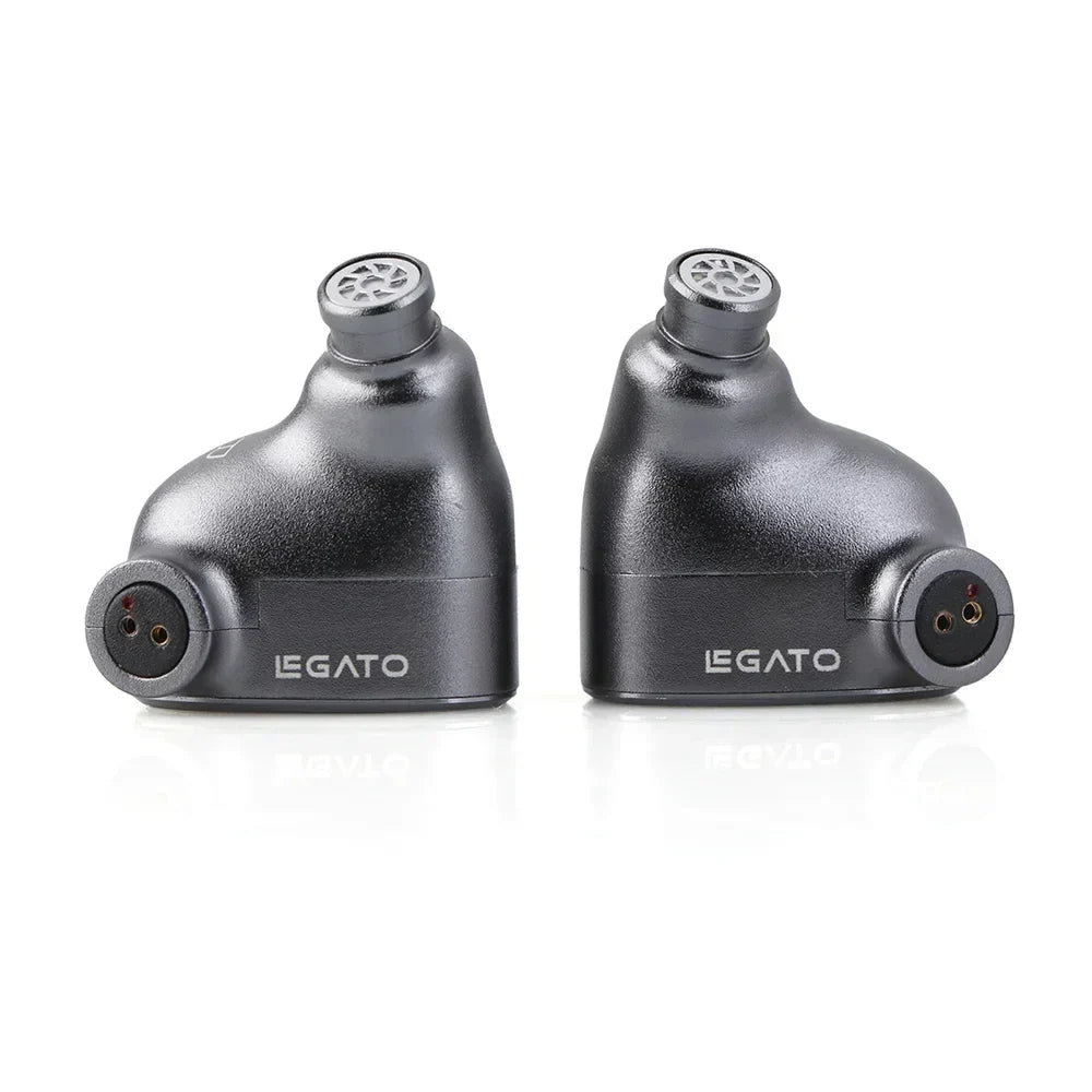 A pair of sleek matte black 7hz legato headphone iem monitor dual dynamic driver earphones with metallic accents and ergonomic design
