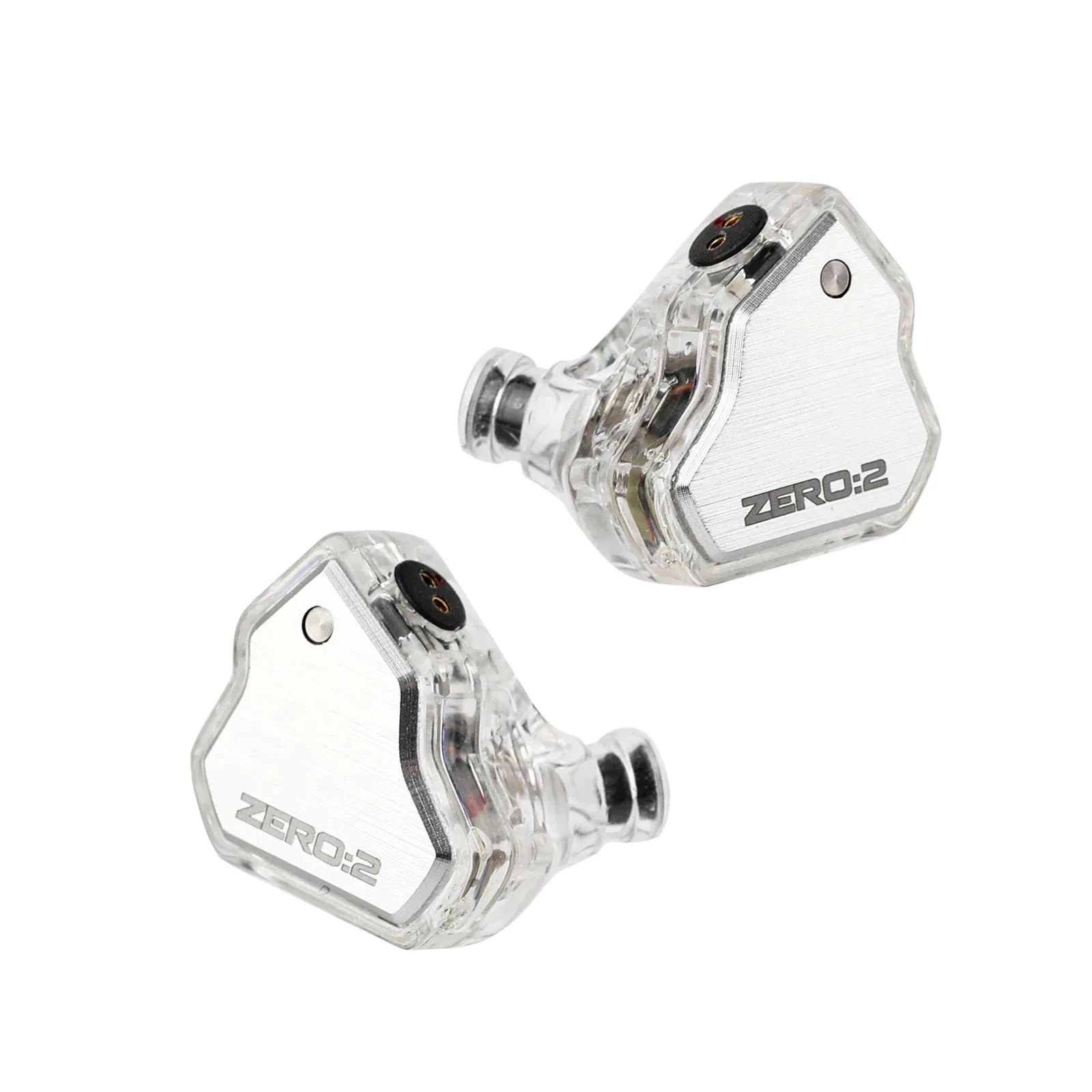 Clear transparent in-ear monitors with silver metallic accents hexagonal design 7hz x crinacle zero 10mm dynamic driver