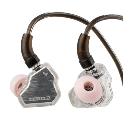 Clear transparent 7hz x crinacle zero 2 in-ear monitors with brushed metal finish and pink silicone tips for musicians