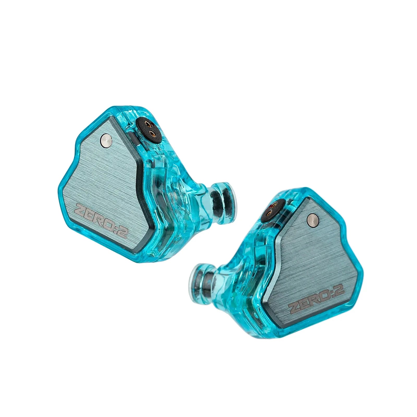 Transparent turquoise 7hz x crinacle zero 2 in-ear monitors with brushed silver accents and 10mm dynamic driver