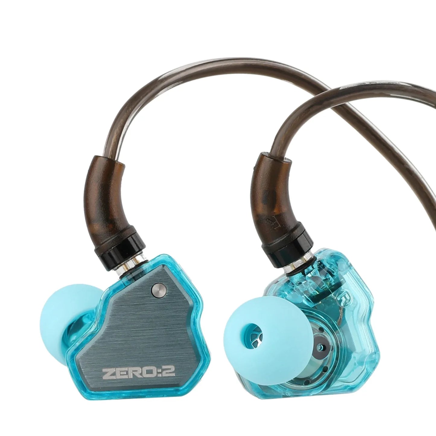 Transparent turquoise 7hz x crinacle zero 2 iem wired earbuds with 10mm dynamic driver and light blue silicone tips