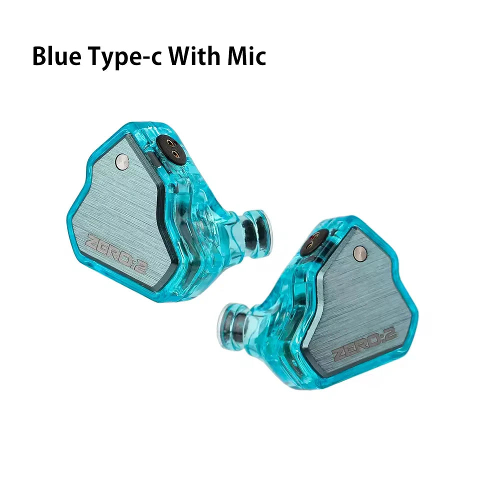 Transparent turquoise blue 7hz x crinacle zero 2 type-c in ear monitors with brushed metal panel and ofc iem cable