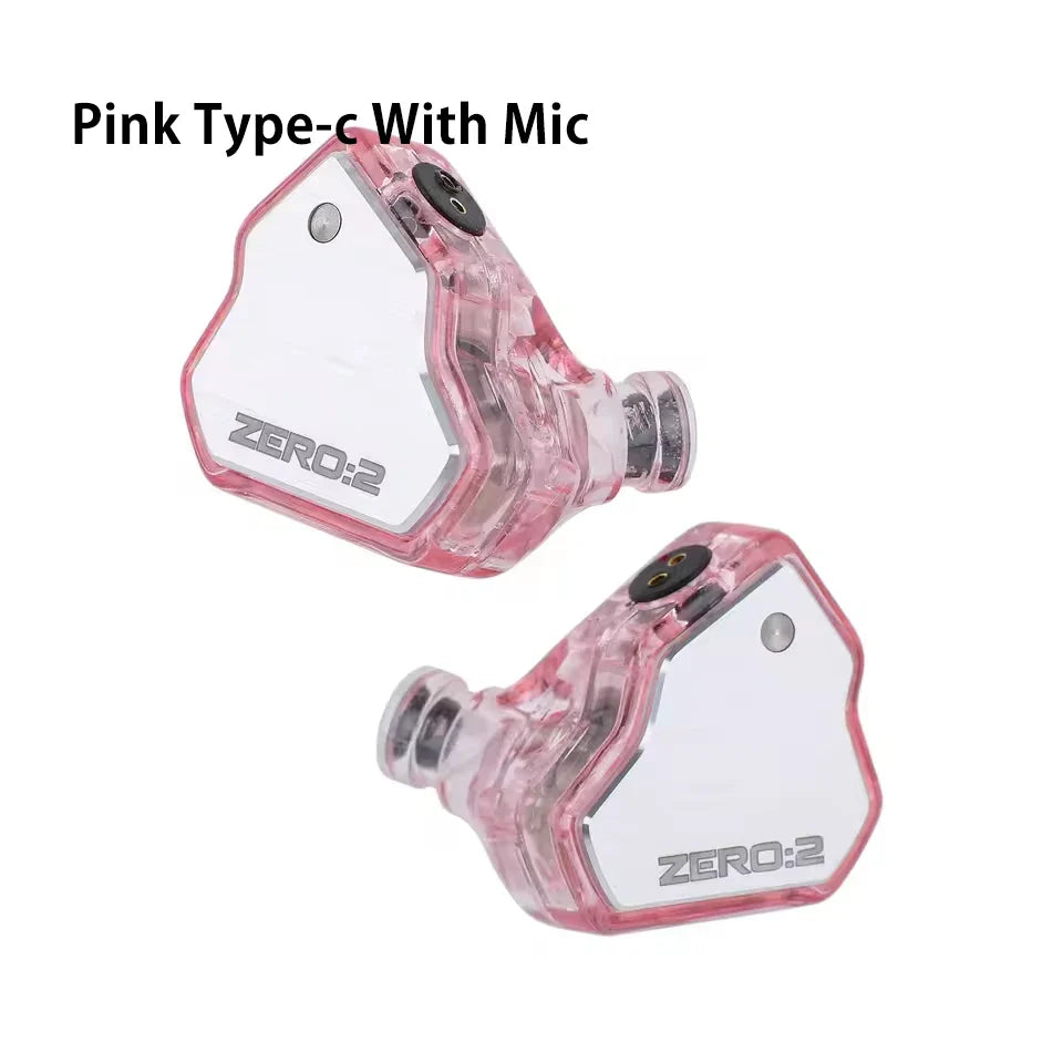 Pink translucent 7hz x crinacle zero 2 in-ear monitors with silver logo and white panel featuring ofc iem cable