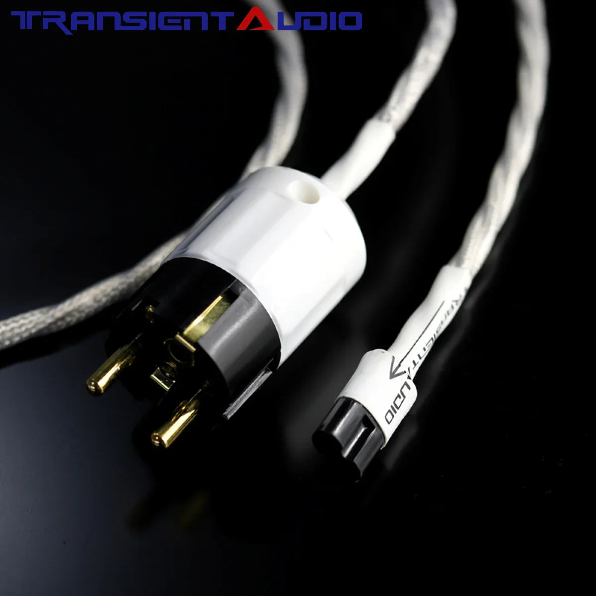 White braided transient audio power cord with gold-plated pins featuring mini8-shaped tail connector