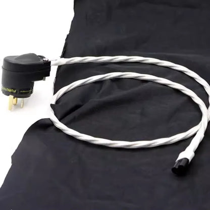 White twisted 7NOCC audiophile-grade power cord with silver-plated copper and furute branded mini8 tail connector