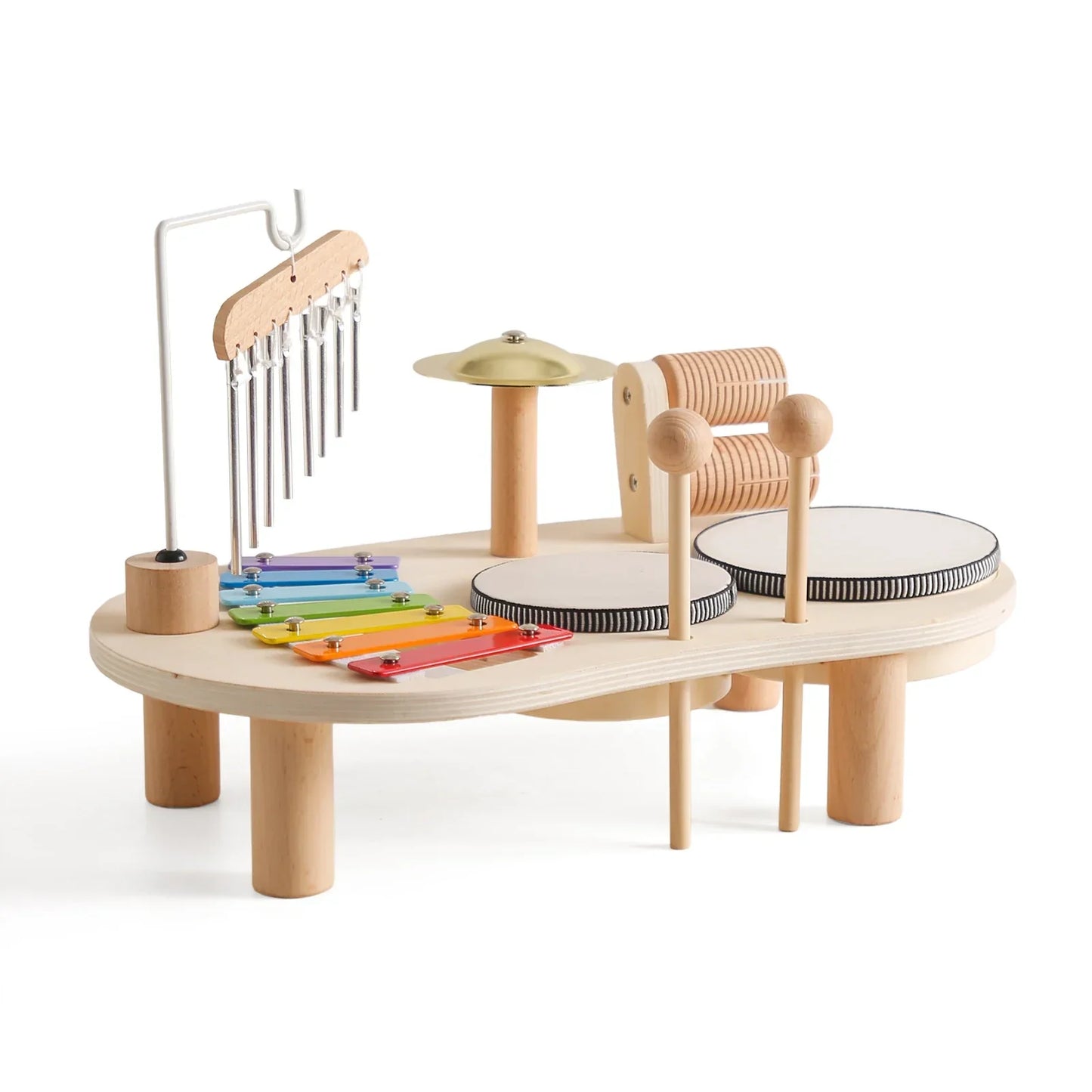 Wooden cartoon educational children music instruments set with rainbow xylophone drums cymbal and metal chimes for girls