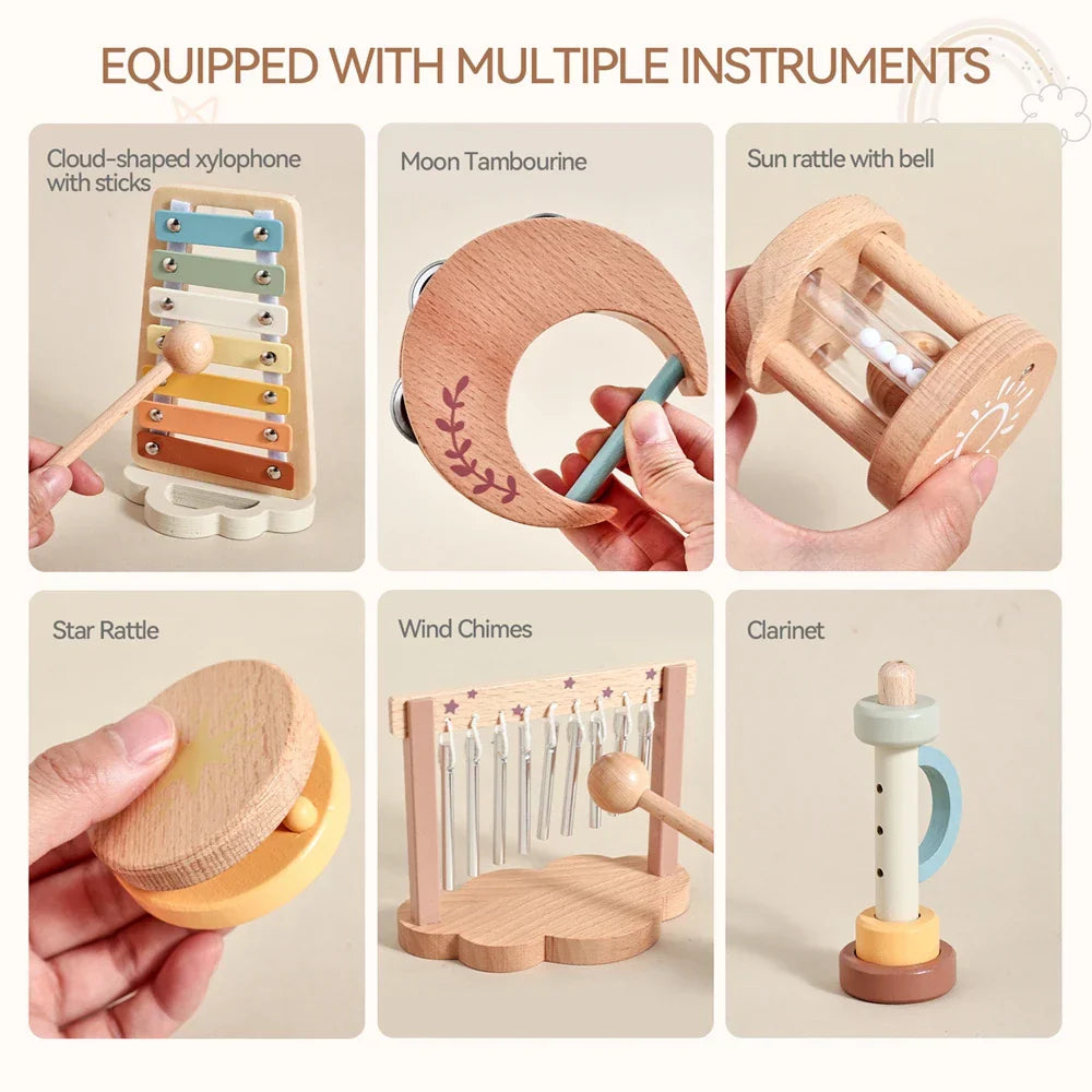 Wooden cloud-shaped xylophone with colorful keys and mallets as children music instruments and wooden cartoon educational toys