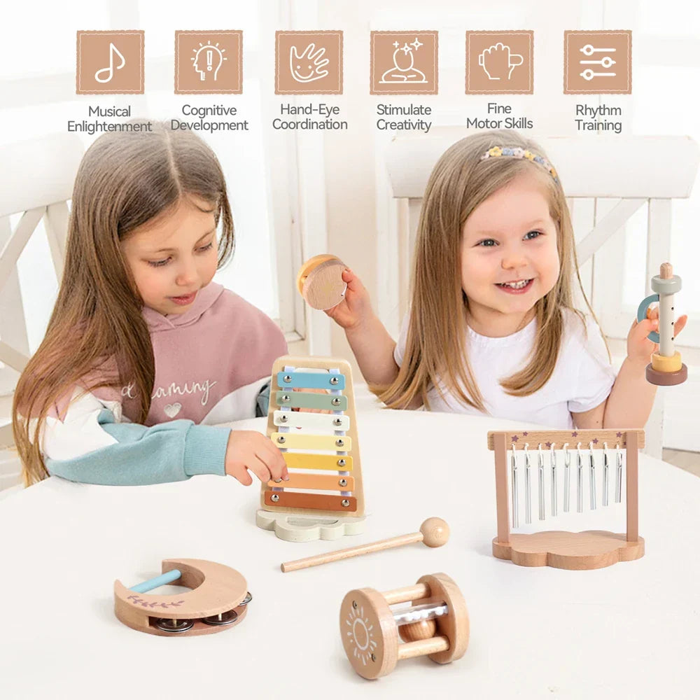 Wooden xylophone with colorful keys and natural wood frame for children music instruments and cartoon educational use