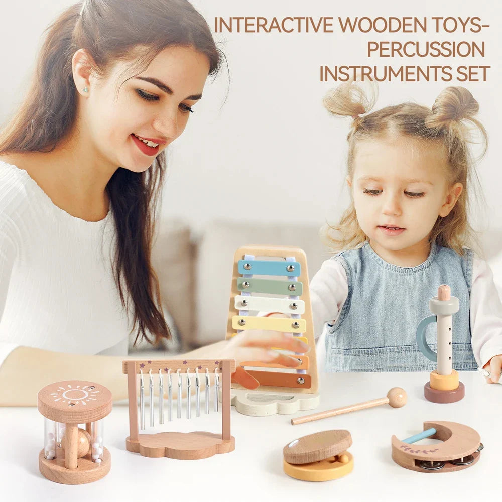 Wooden xylophone with colorful keys and natural wood frame for children music instruments and wooden cartoon educational use