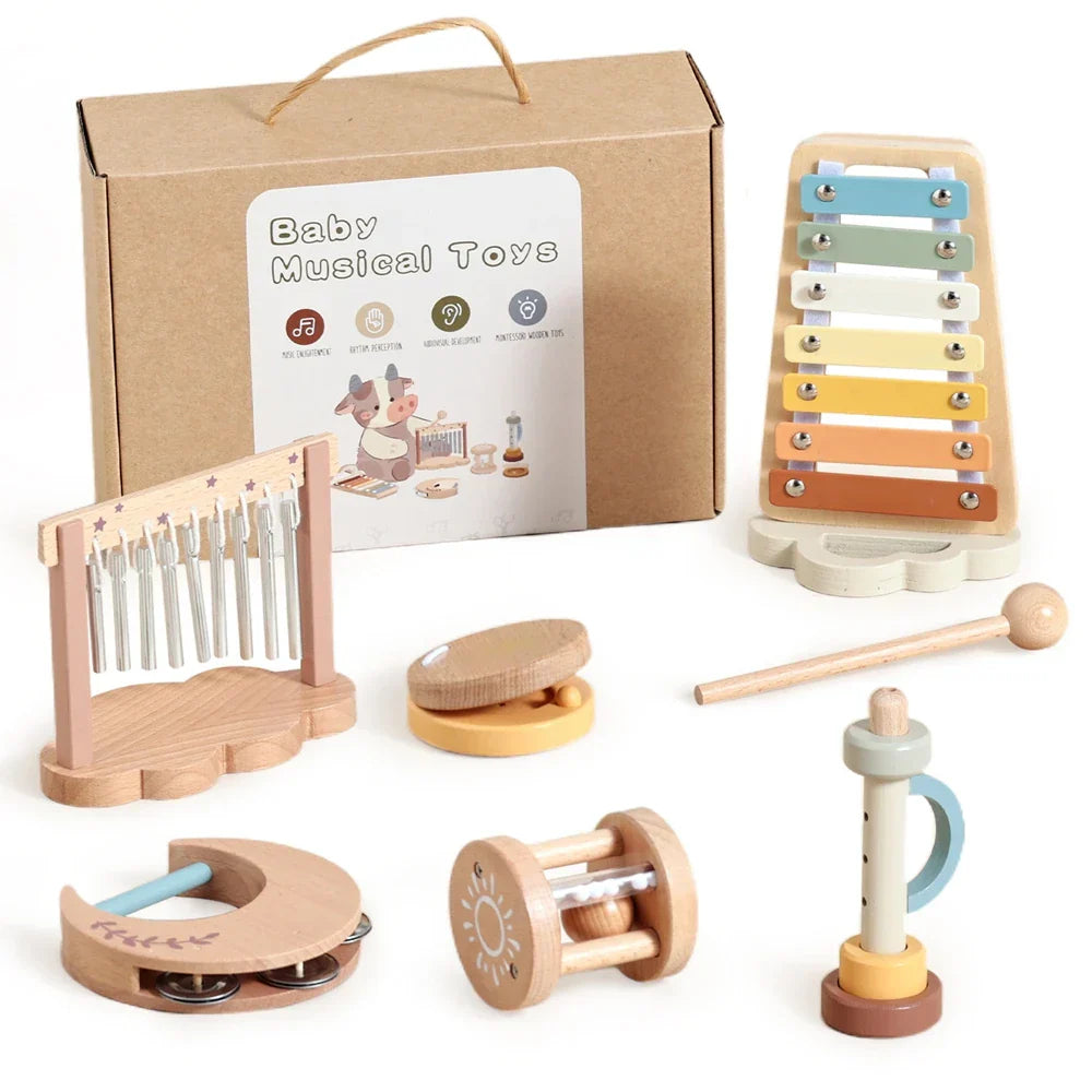 Wooden xylophone with pastel-colored keys and cloud-shaped base as part of children music instruments set wooden cartoon educational