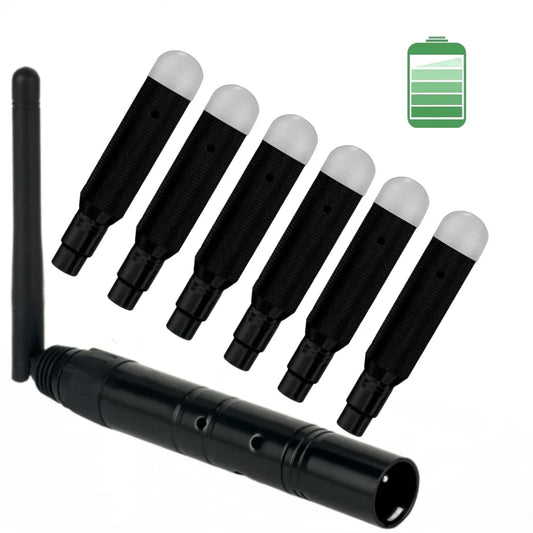 Set of six black 6charging wireless receiver units with white caps and one transmitter led lighting for led stage par