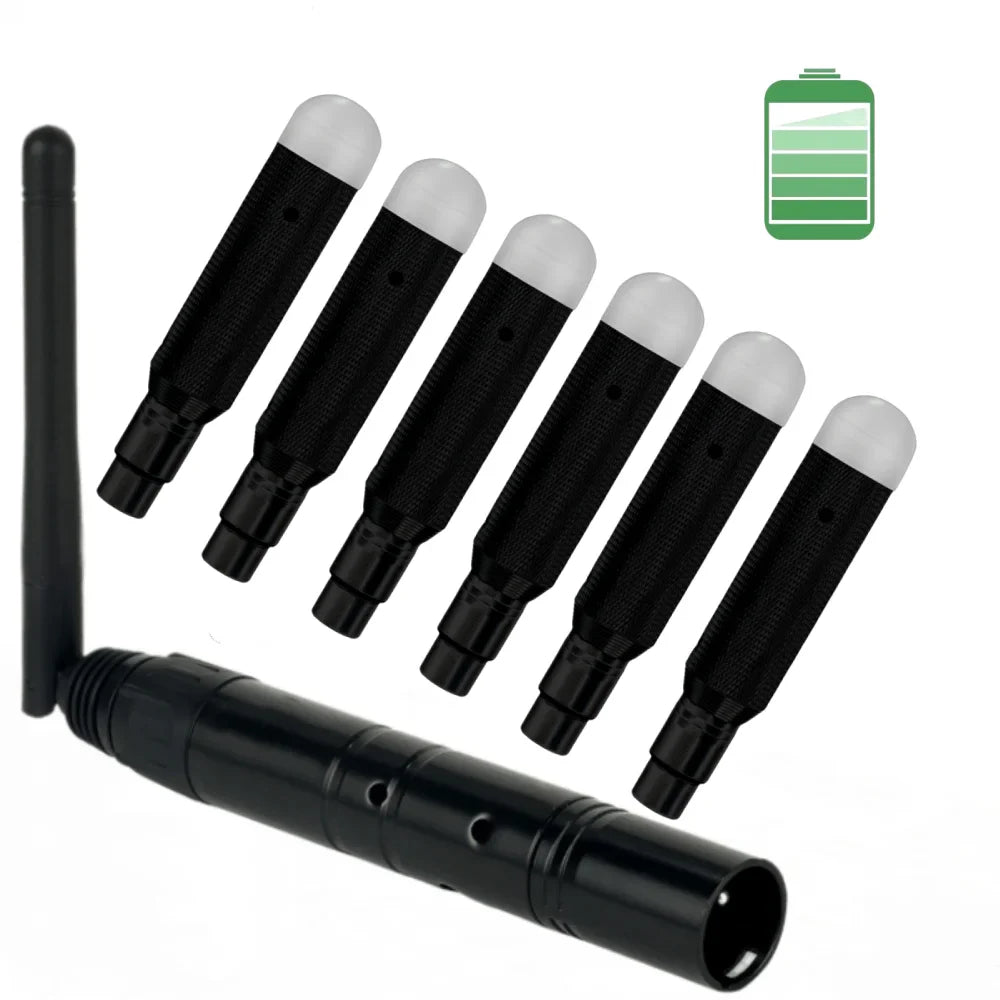 Set of six black 6charging wireless receiver units with white caps and one transmitter led lighting control unit with antenna
