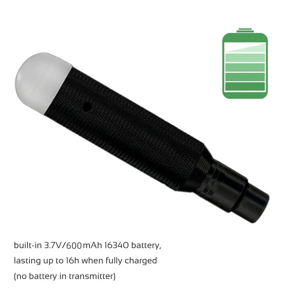 Black textured flashlight with white rounded head and black base for 6charging wireless receiver and led lighting control