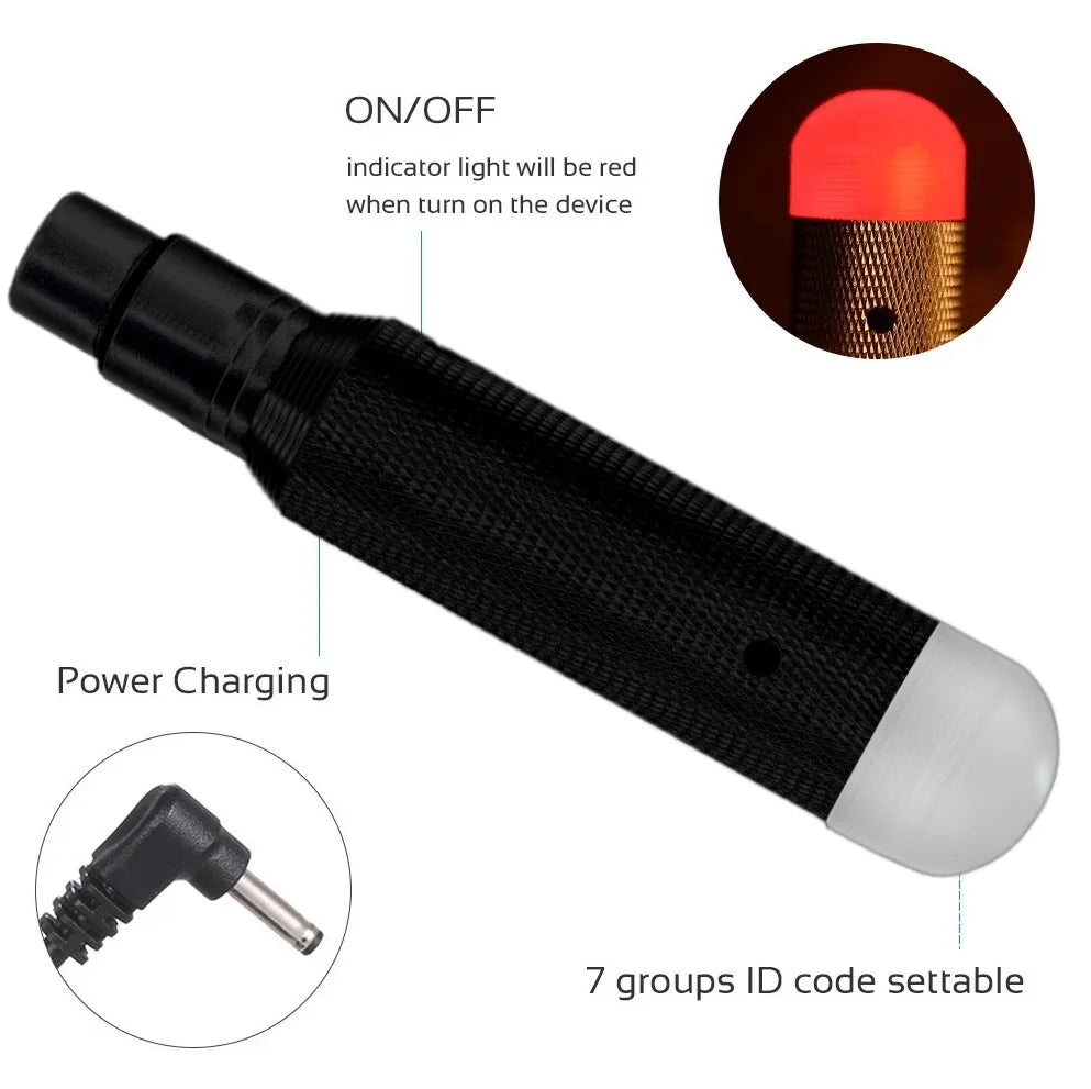 Black textured flashlight with white rounded tip and red led indicator light for 6charging wireless receiver led lighting control