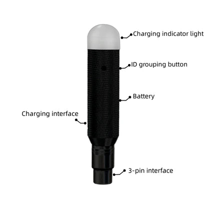 Black textured cylindrical 6charging wireless receiver with white charging indicator and 3-pin interface for led stage par