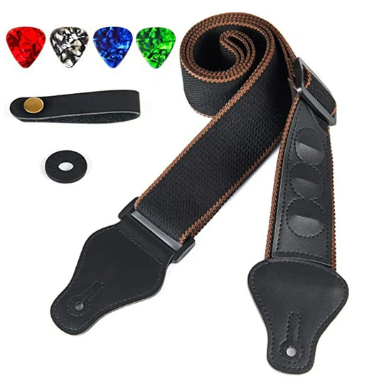 Black guitar strap with brown stitched edges and circular cutouts in leather-like ends for 7pcs set guitar ukulele bass musical use