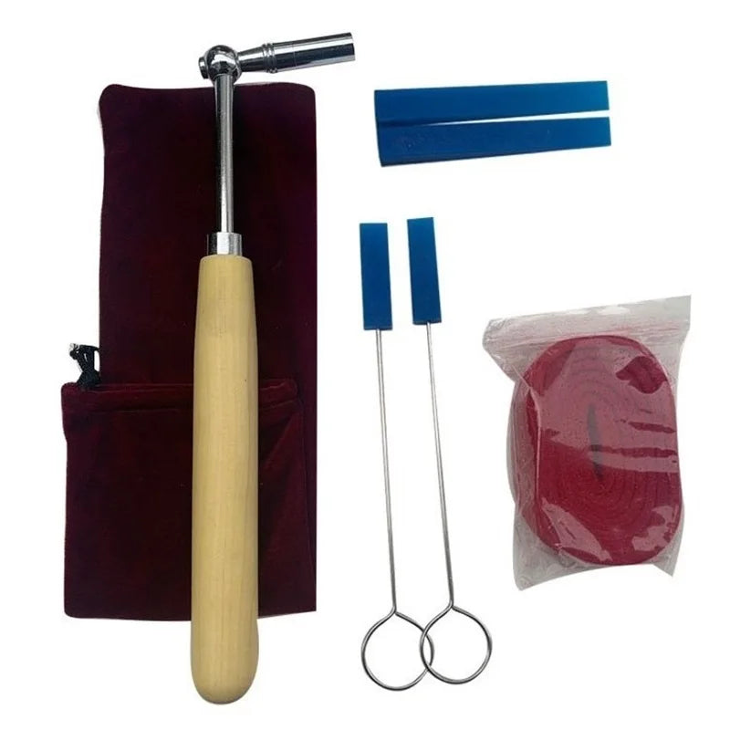 Wooden-handled chrome tuning fork with silver shaft in burgundy velvet case from 7pcs set professional piano tuning tools