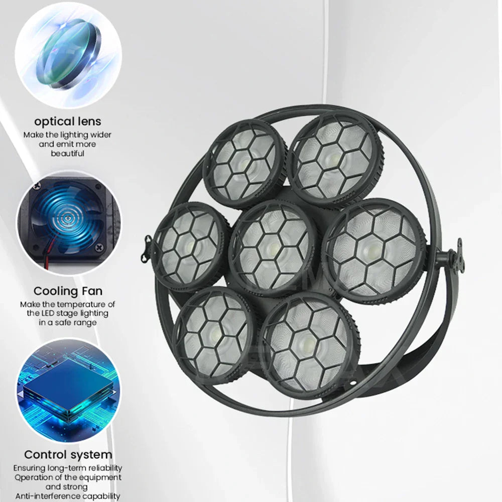 Black circular 7x50w stage retro led light with seven hexagonal cob blinder sound fixtures for wedding dj party events