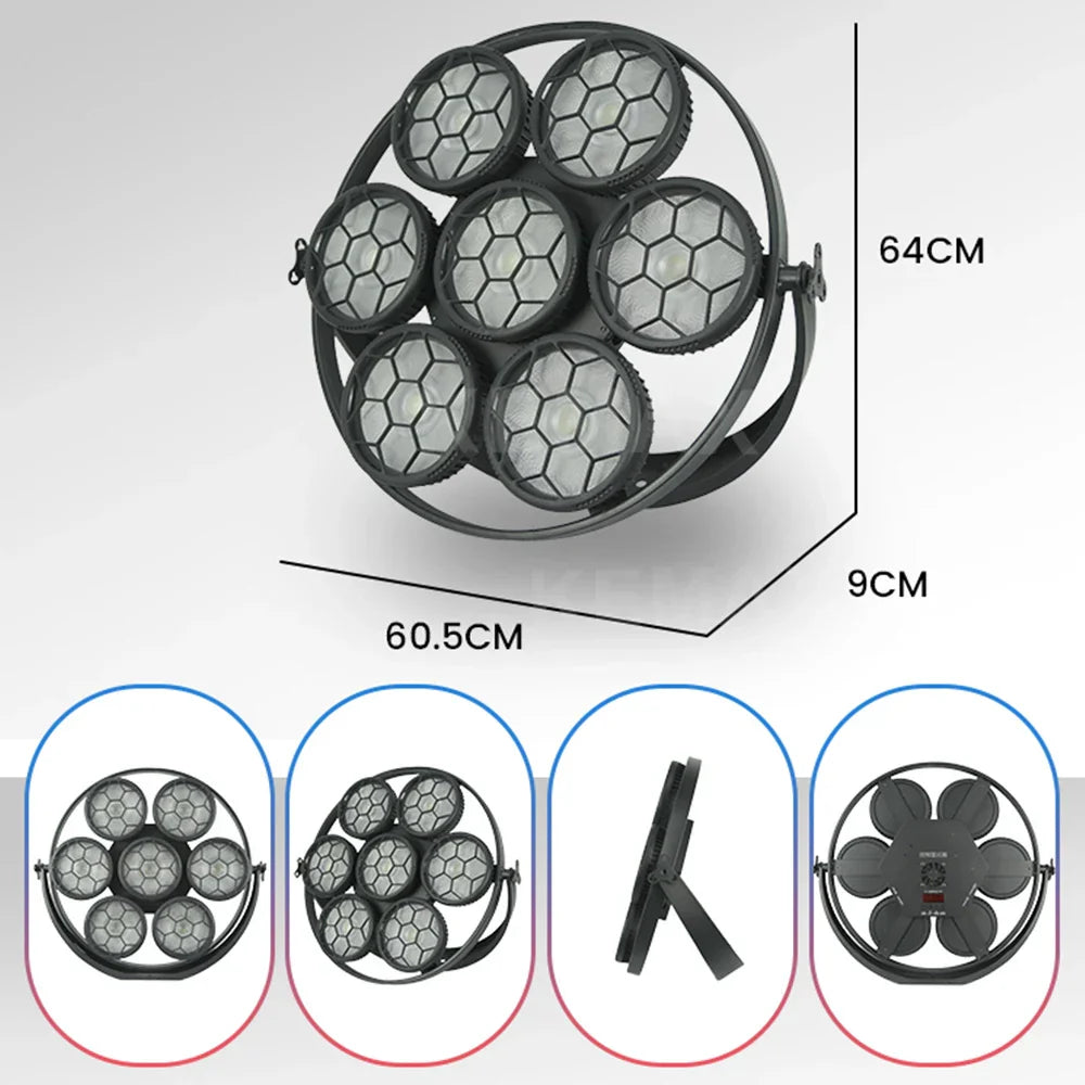 Black circular 7x50w stage retro light with seven hexagonal led bulbs for wedding dj party cob blinder sound events