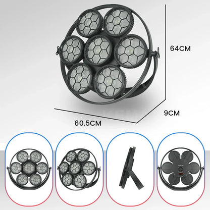 Black circular 7x50w stage retro light with seven hexagonal led bulbs for wedding dj party cob blinder sound events