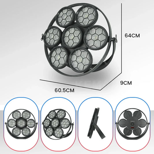 Black circular 7x50w stage retro light with seven hexagonal led bulbs for wedding dj party cob blinder sound events