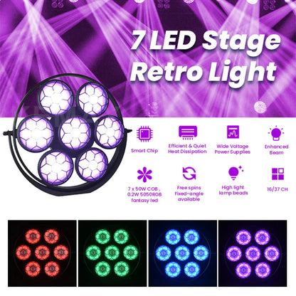 Black circular 7x50w stage retro light with seven purple hexagonal led panels and cob blinder sound for wedding dj party events