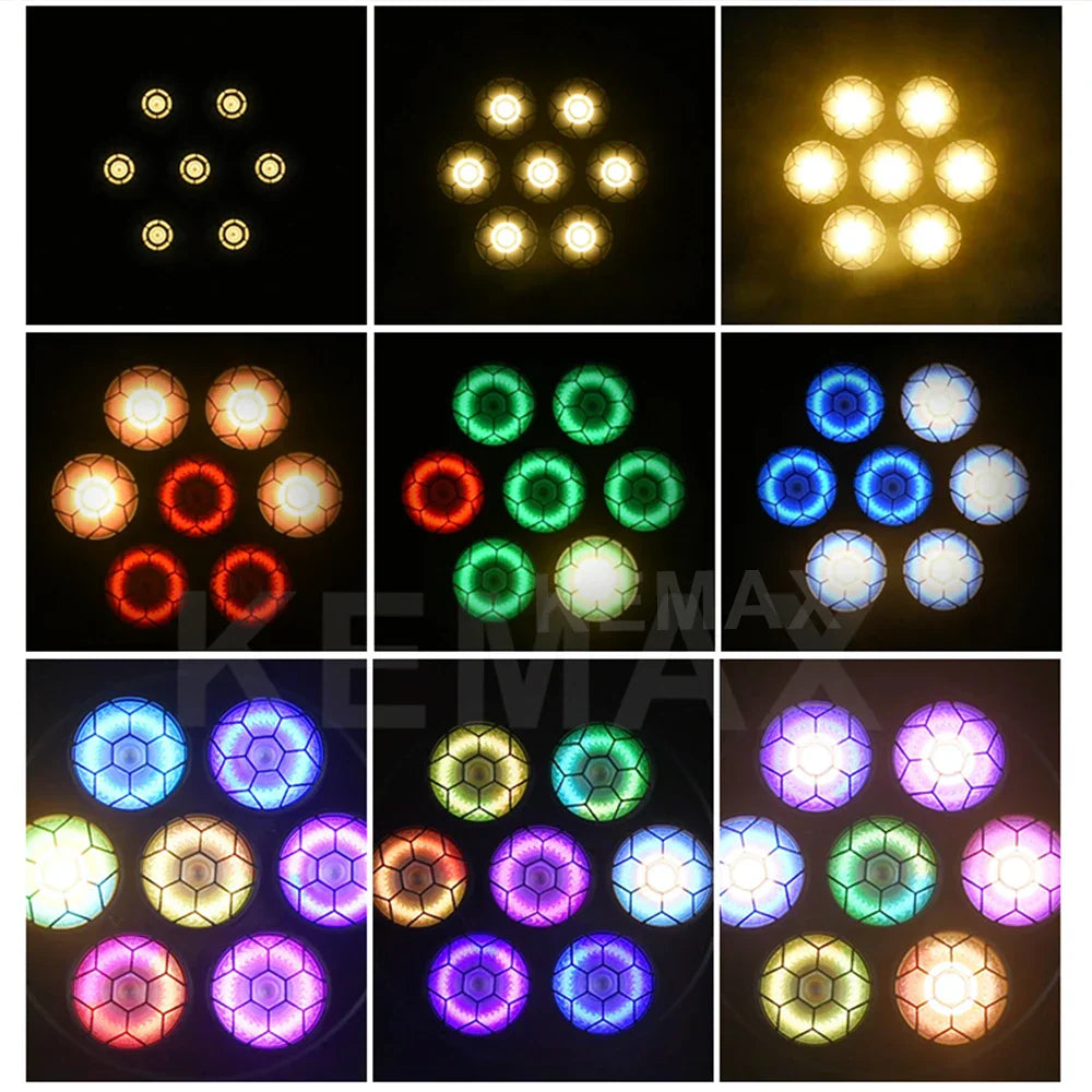 Colorful 7x50w stage retro led lights with hexagonal lenses emitting red green blue purple and yellow for wedding dj party cob blinder sound