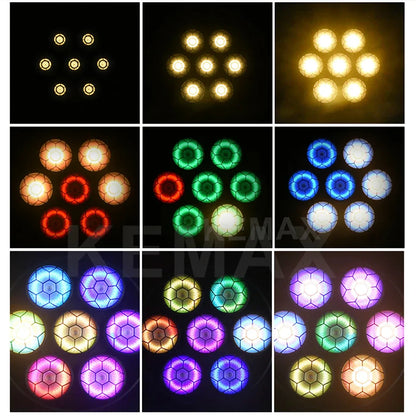 Colorful 7x50w stage retro led lights with hexagonal lenses emitting red green blue purple and yellow for wedding dj party cob blinder sound