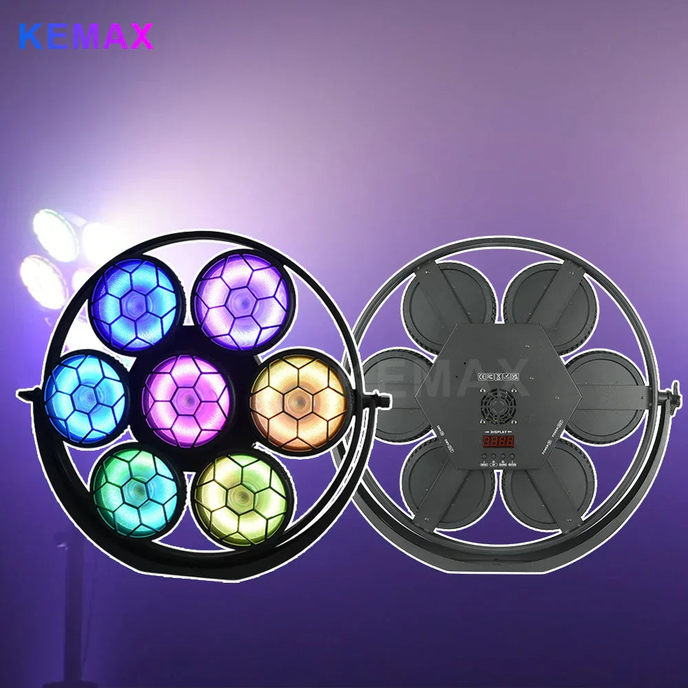 Kemax 7x50w stage retro light with six hexagonal rgbw panels in blue purple green yellow for wedding dj party cob blinder sound