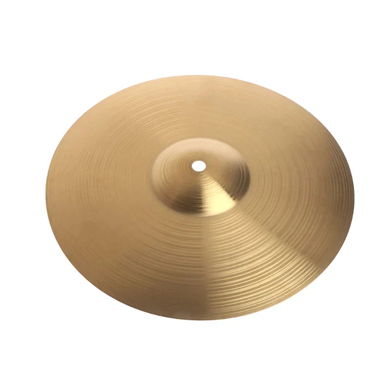 Golden 12inch brass cymbals percussion with polished reflective surface and concentric grooves for drum alloy crash use