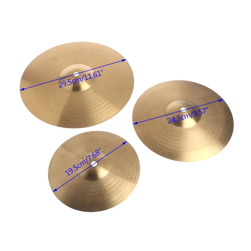 Set of three brass cymbals percussion in 8 10 and 12inch with drum alloy crash design and size measurements in cm and inches