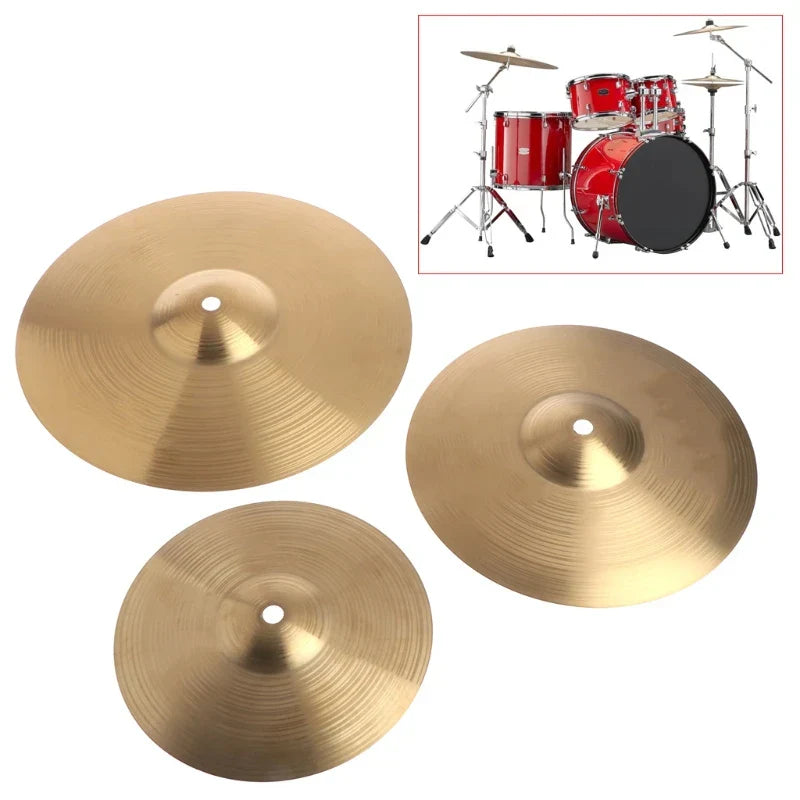 Set of three golden brass cymbals with concentric grooves and mounting holes for 8 10 12inch brass cymbals percussion use