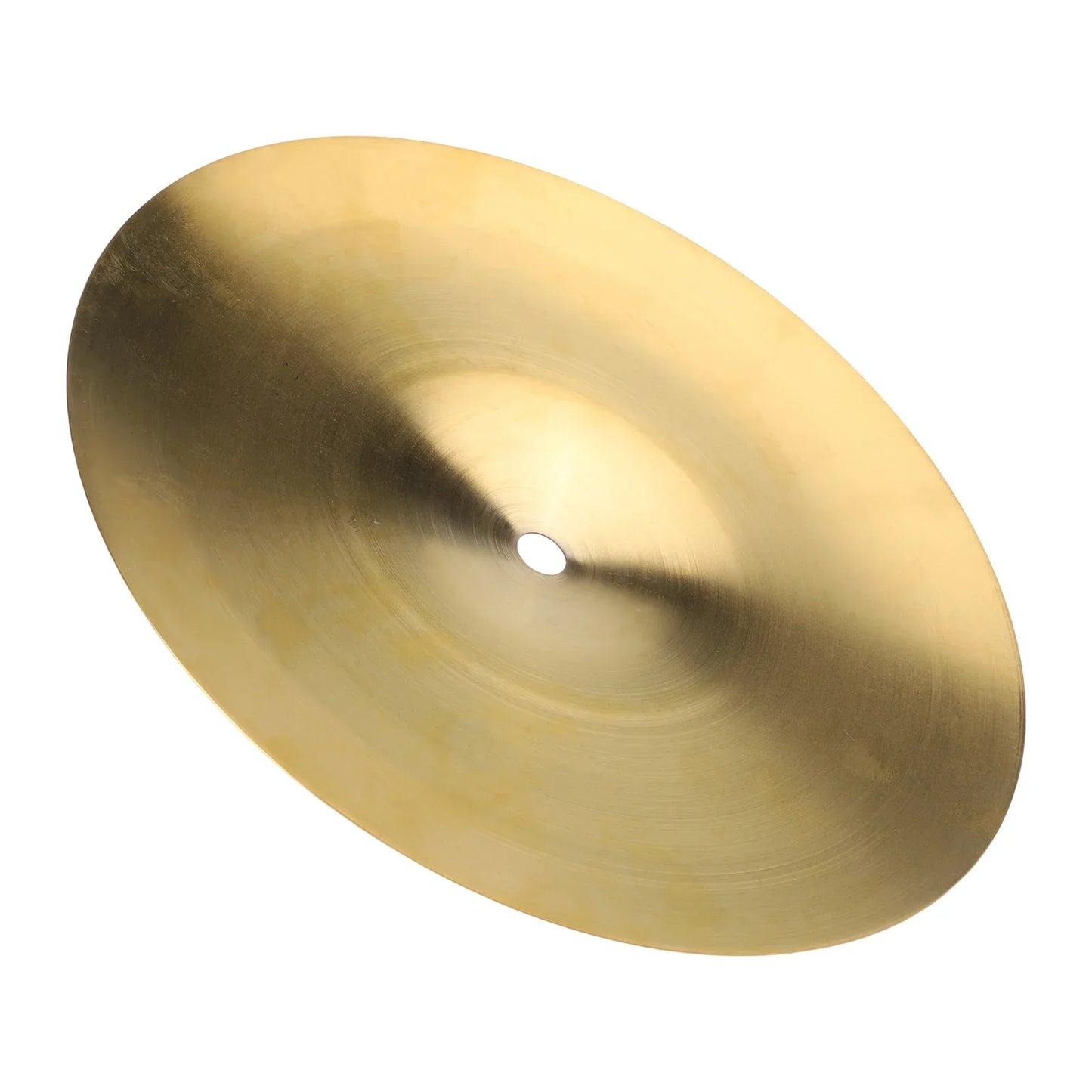 A polished brass inch drum brass cymbal with a smooth reflective surface for percussion splash crash use