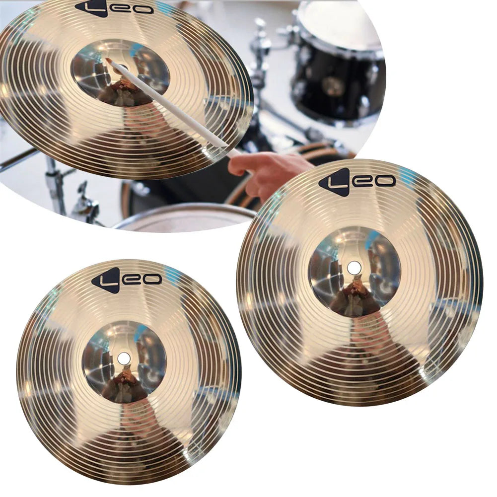 Set of three shiny gold-colored leo brass cymbals percussion splash crash with concentric grooves for 8 10 inch drum use