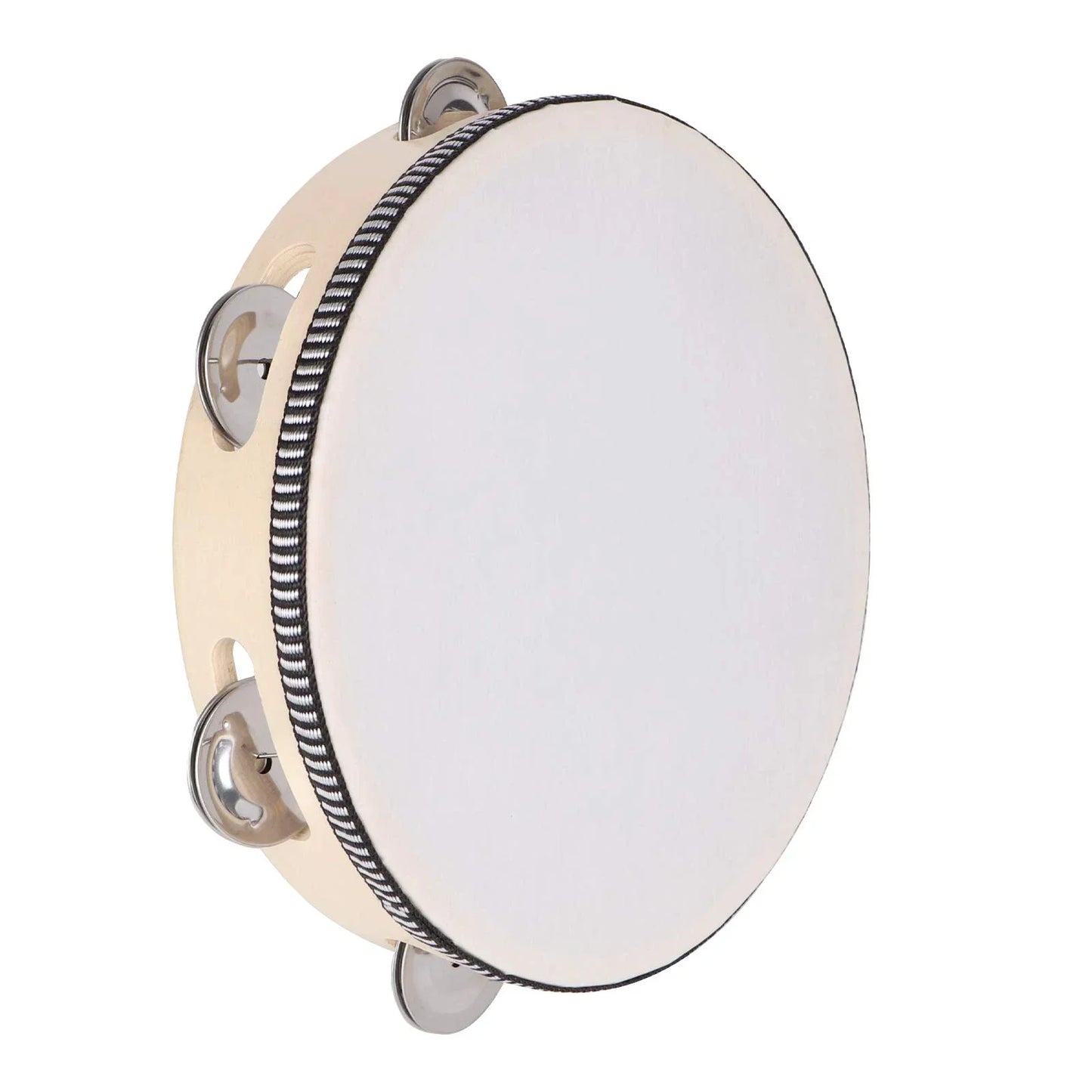Cream-colored 8/10-inch hand-cranked tambourine with metal bells and black-and-white trim, percussion instrument ideal for wedding party games