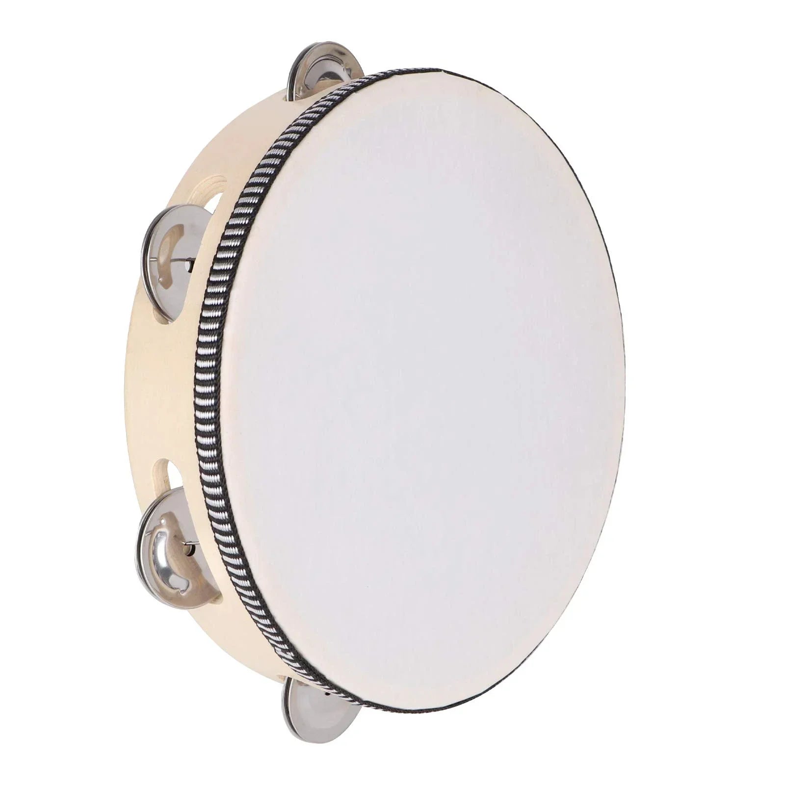 Cream-colored 8/10-inch hand-cranked tambourine with metal bells and black-and-white trim, percussion instrument ideal for wedding party games