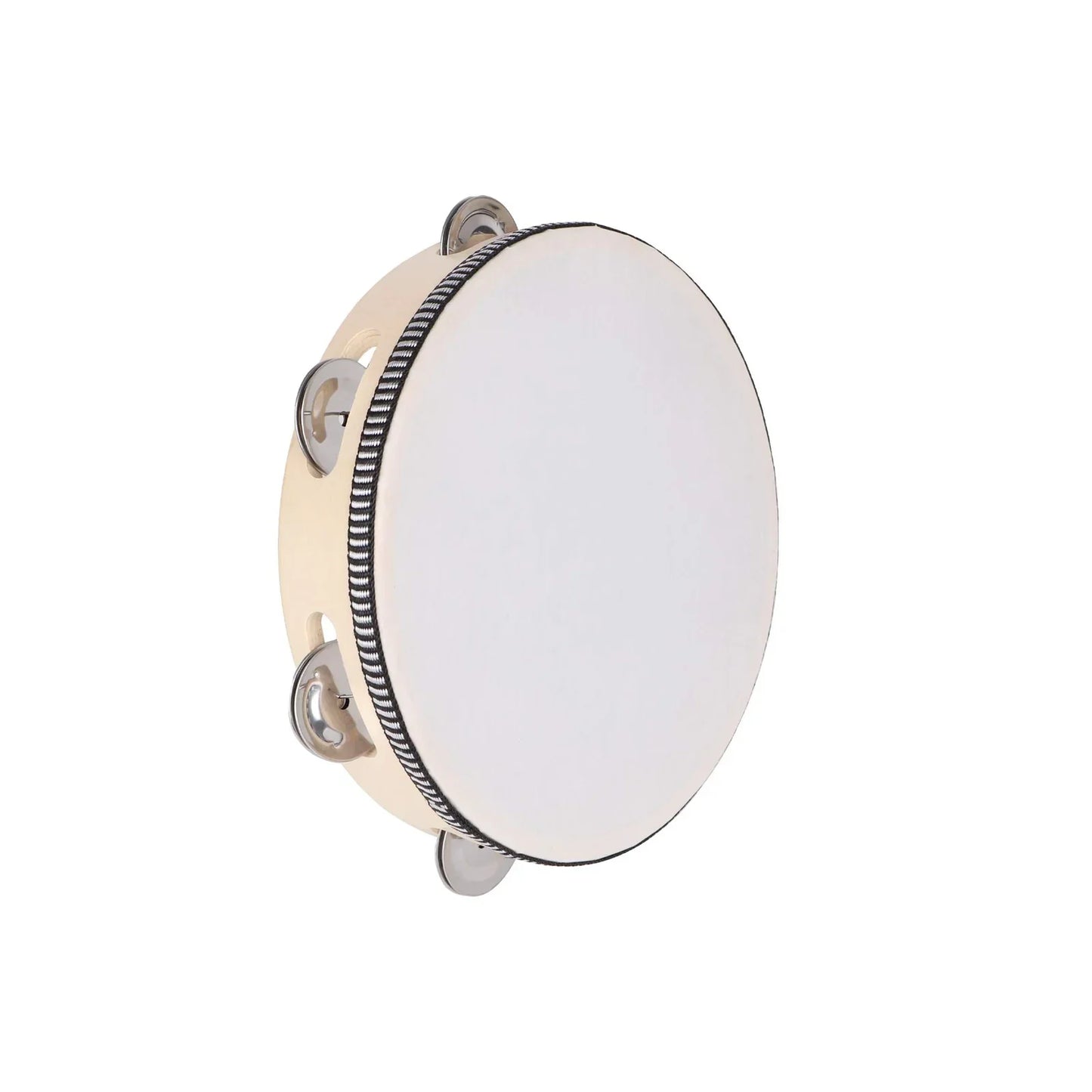 Cream-colored 8/10-inch hand-cranked tambourine with metal bells and black-and-white rim ideal for wedding party games