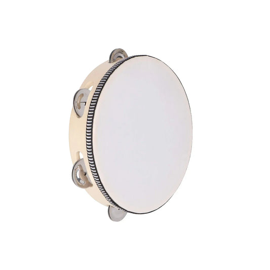 Cream-colored 8/10-inch hand-cranked tambourine with metal bells and black-and-white rim ideal for wedding party games