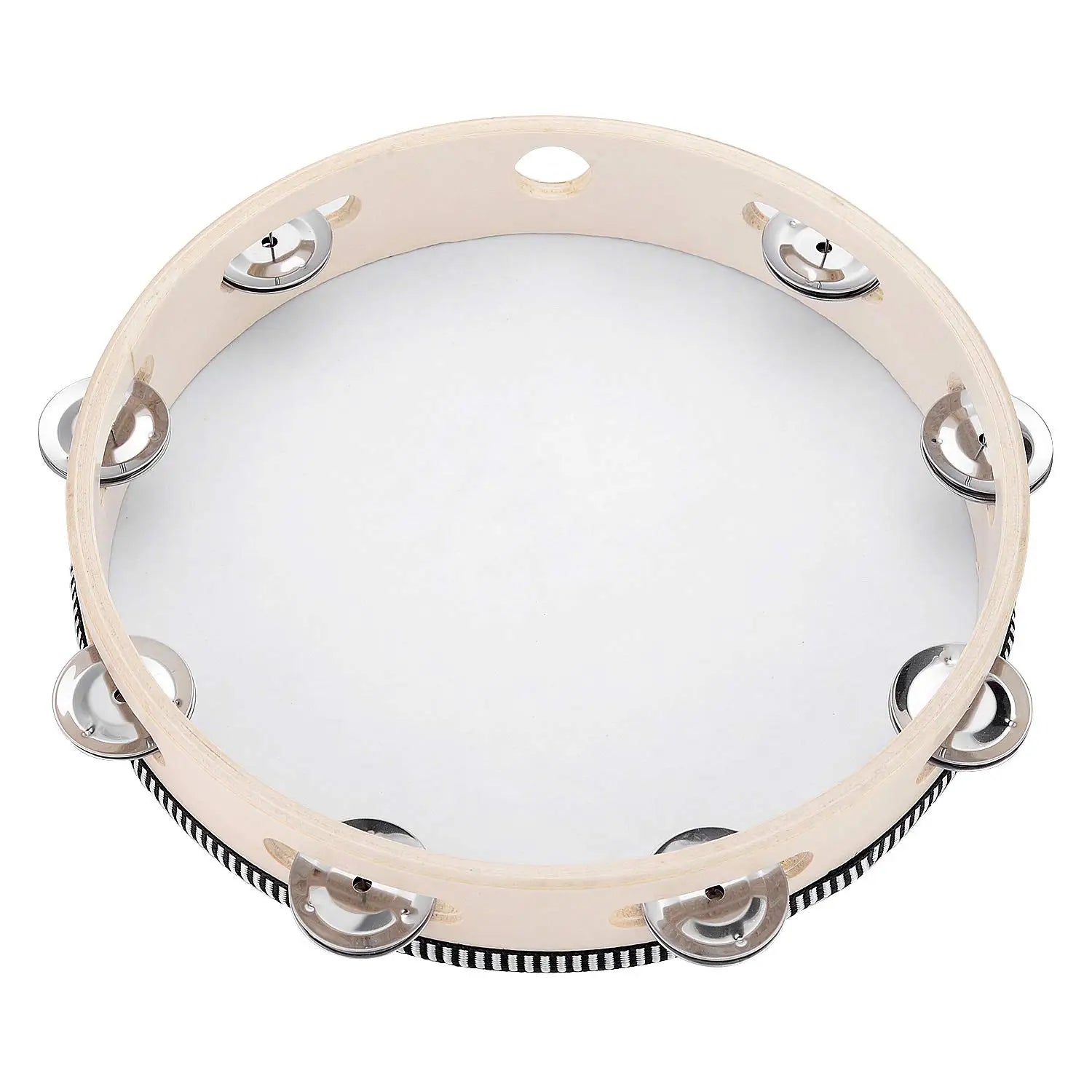 Beige plastic tambourine with metal bells and black-and-white trim percussion instrument ideal for wedding party games