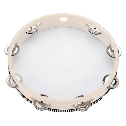 Beige plastic tambourine with metal bells and black-and-white trim percussion instrument ideal for wedding party games