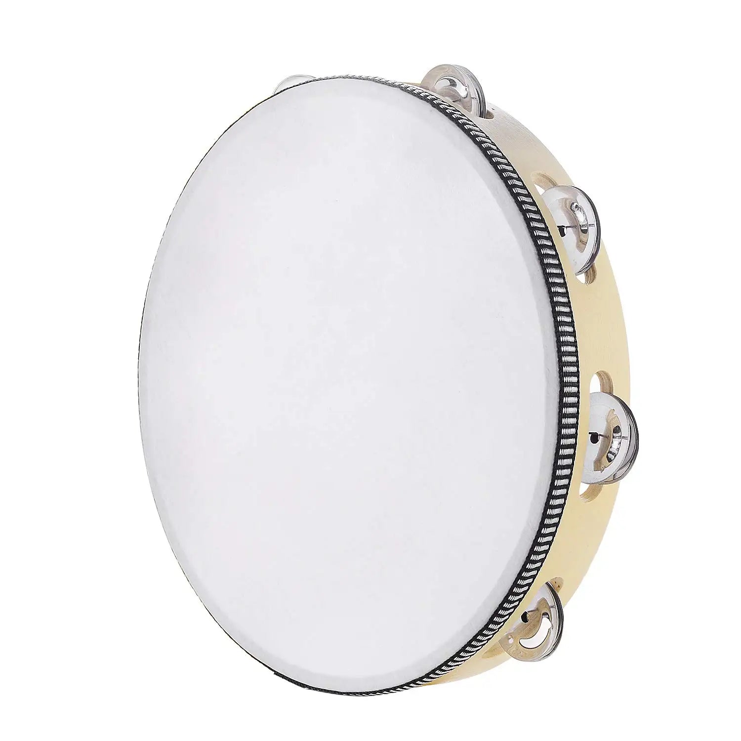 Beige 8/10-inch hand-cranked tambourine with white drumhead and metal bells percussion instrument ideal for wedding party games