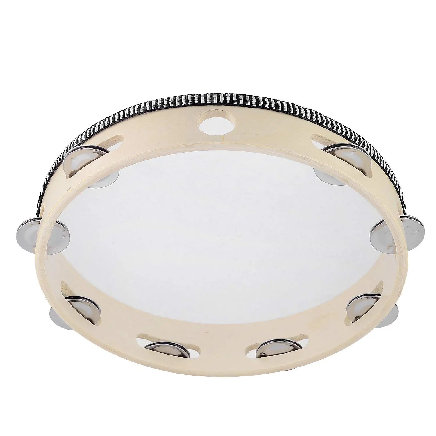 Beige wooden hand-cranked tambourine with metal bells and black-and-white striped rim ideal for wedding party games and percussion instrument use