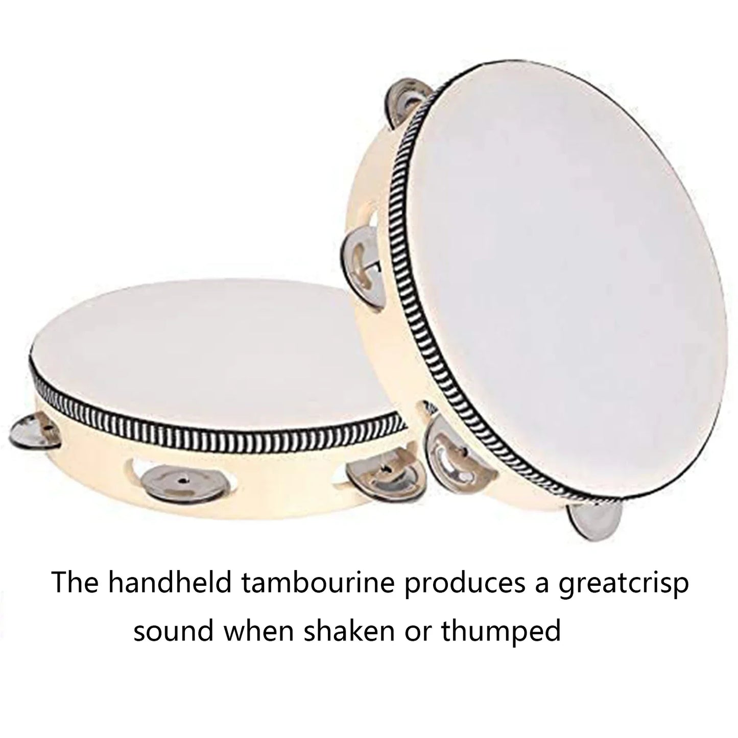 Cream-colored 8/10-inch hand-cranked tambourine with white drumhead and metal bells percussion instrument ideal for wedding party games